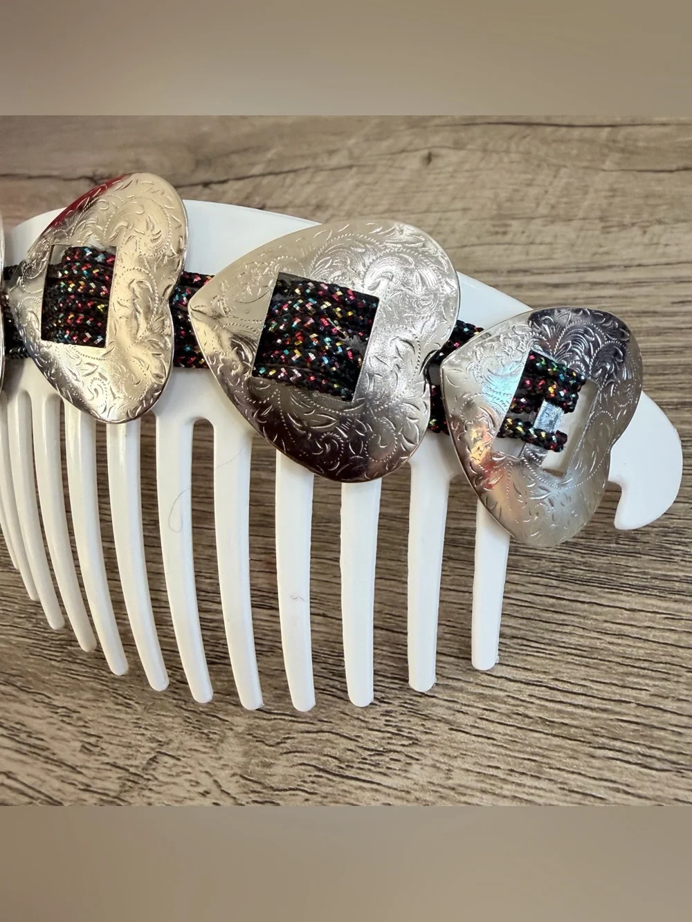 Vintage GOODY TZERS Hair Cincher Clip Comb Large Colorful Silver Tone Hearts